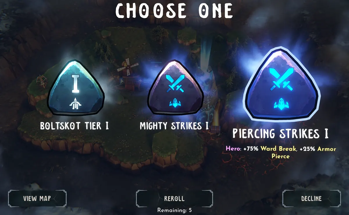 Runestone choices with Piercing Strikes I showing the Hero effect.