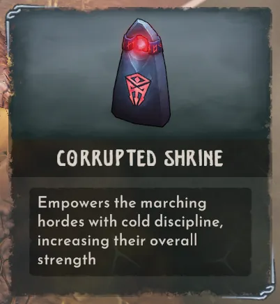 Corrupted Shrine card showing a red-rune standing stone and its marching-hordes description.