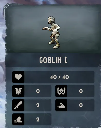 Goblin I card: Health 40/40, chest-armour 0, shield-with-swirl 0, sword 2, winged-sword 0, boot 2.