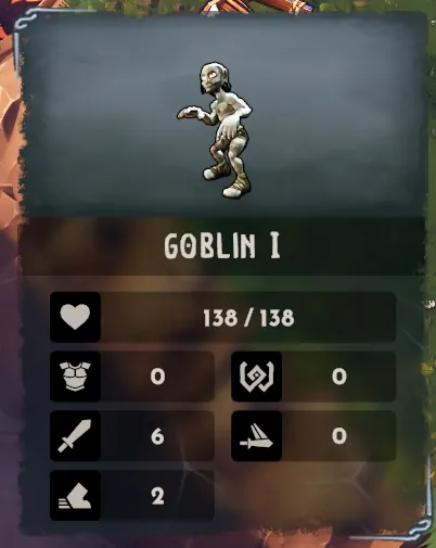 Goblin I card: Health 138/138, chest-armour 0, shield-with-swirl 0, sword 6, winged-sword 0, boot 2.