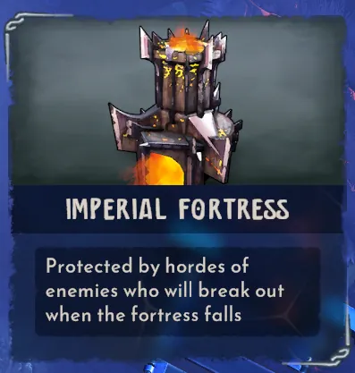 Imperial Fortress card showing a dark spiked tower and the fortress-falls description.