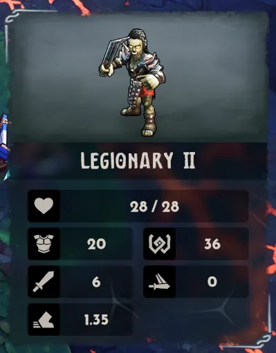 Legionary II card: Health 28/28, chest-armour 20, shield-with-swirl 36, sword 6, winged-sword 0, boot 1.35.