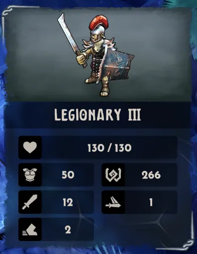 Legionary III card: Health 130/130, chest-armour 50, shield-with-swirl 266, sword 12, winged-sword 1, boot 2.
