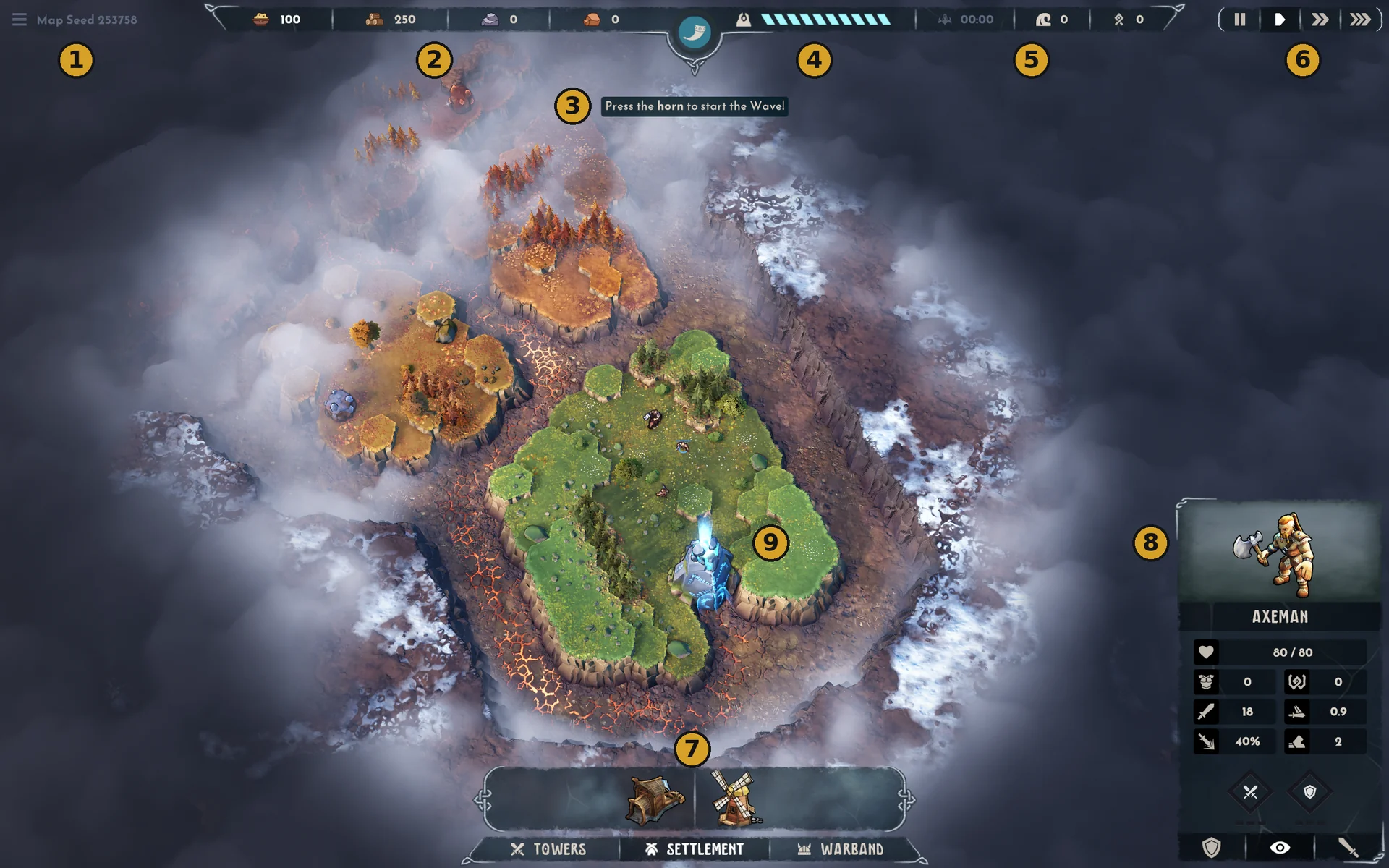 Numbered map view in our demo run (v0.19.4e): callouts 1–9 identify the menu and seed, resources, horn, striped bar, timer and counters, speed controls, build tabs, selected Axeman and central Spiridun.