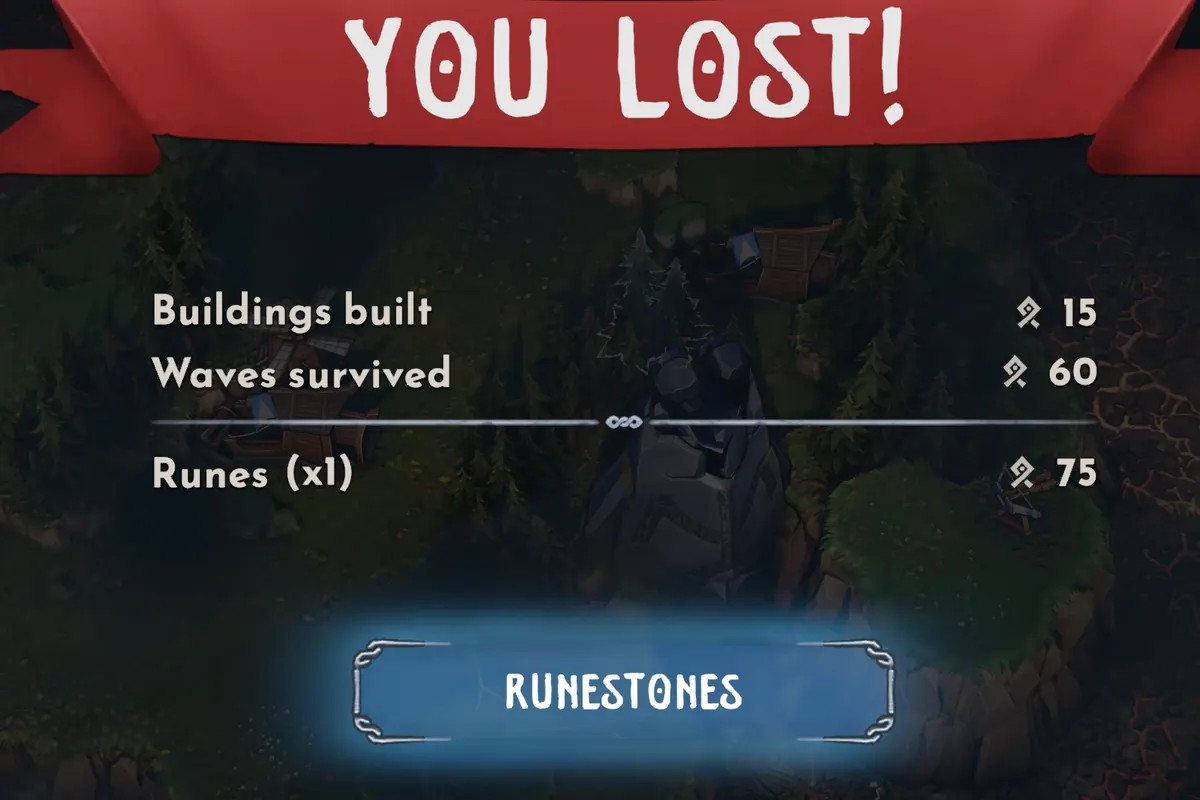 Loss screen with Rune rewards of 15 and 60, totalling 75.